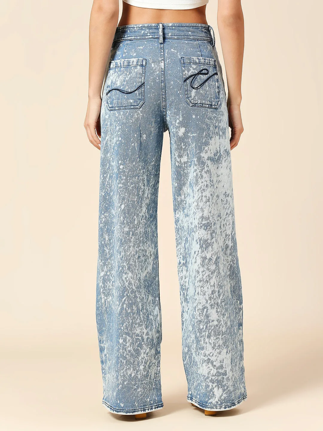 ACID WASH MID RISE WIDE LEG 5 POCKET JEANS