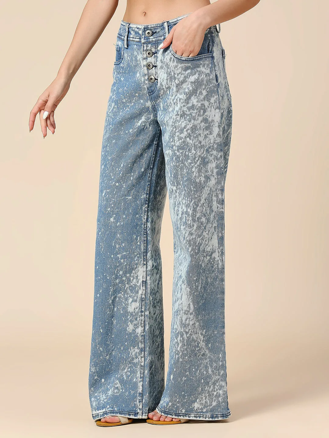 ACID WASH MID RISE WIDE LEG 5 POCKET JEANS
