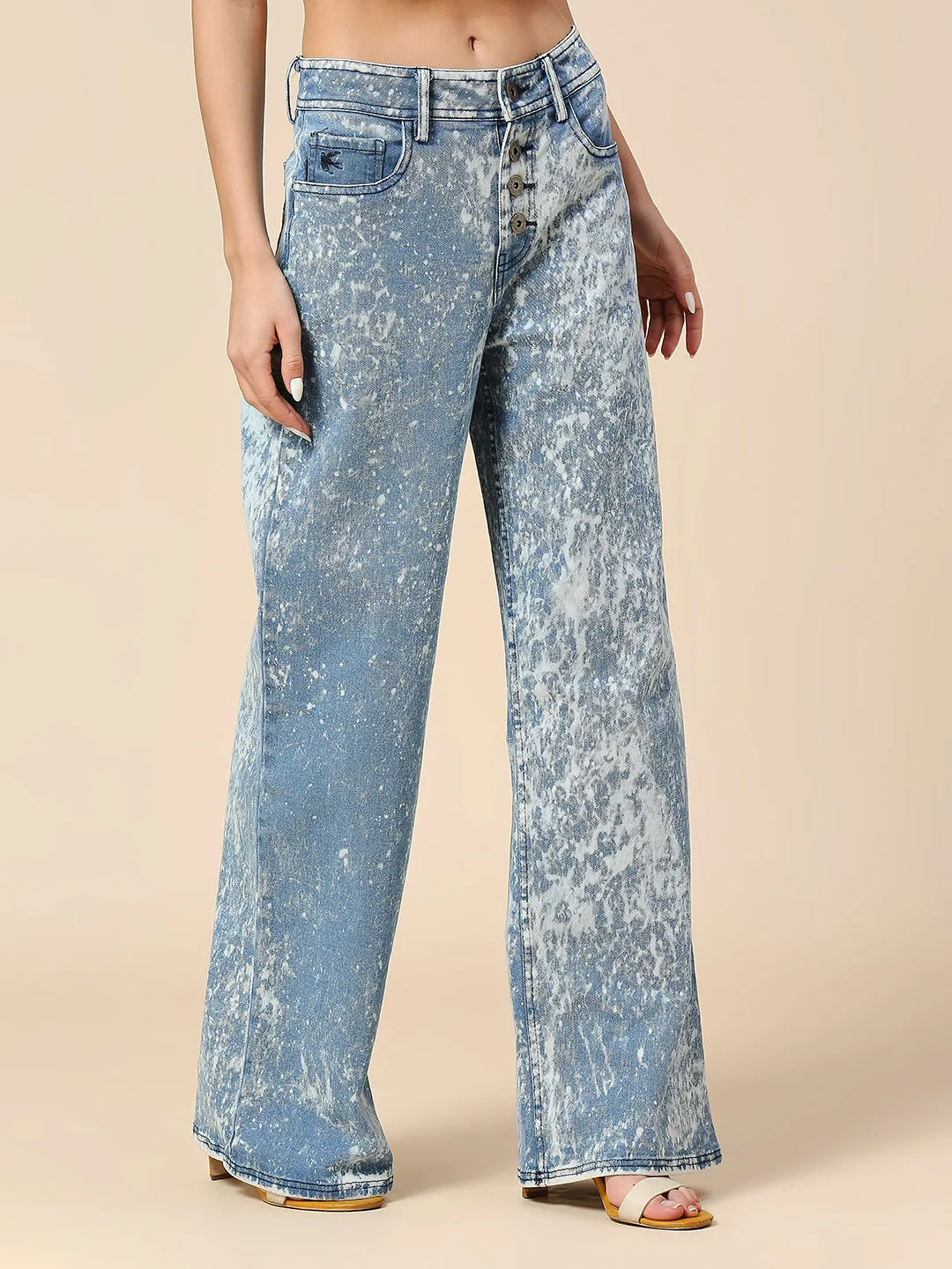 ACID WASH MID RISE WIDE LEG 5 POCKET JEANS