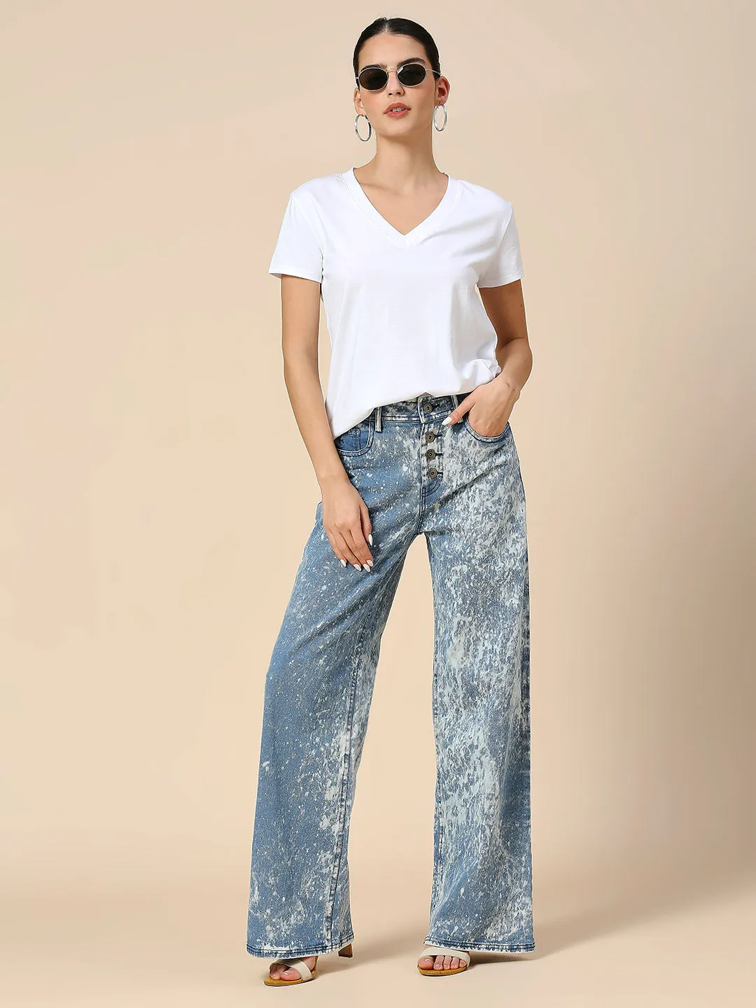 ACID WASH MID RISE WIDE LEG 5 POCKET JEANS