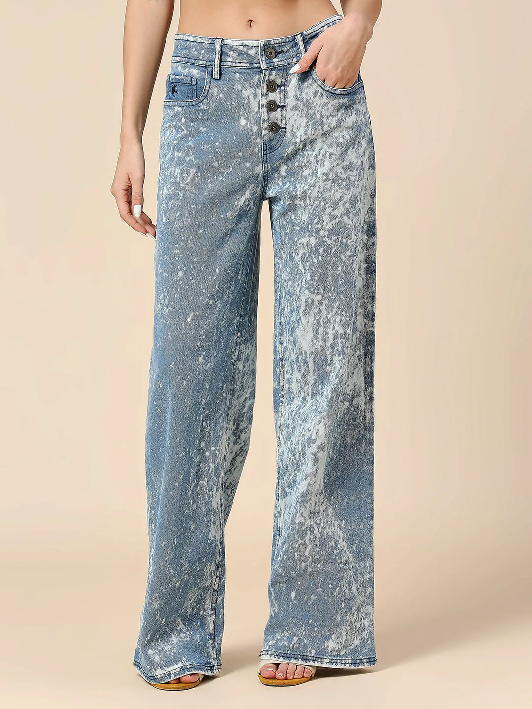 ACID WASH MID RISE WIDE LEG 5 POCKET JEANS