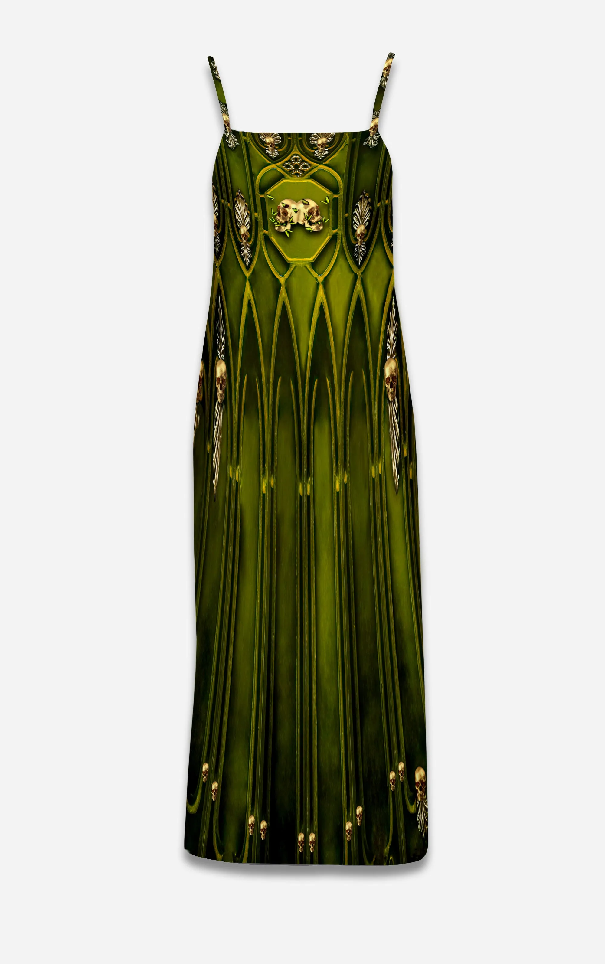 All Saints Cathedral- 100% Silk Satin French Gothic V Neck Slip Dress in Bold Olive | Le Leanian™