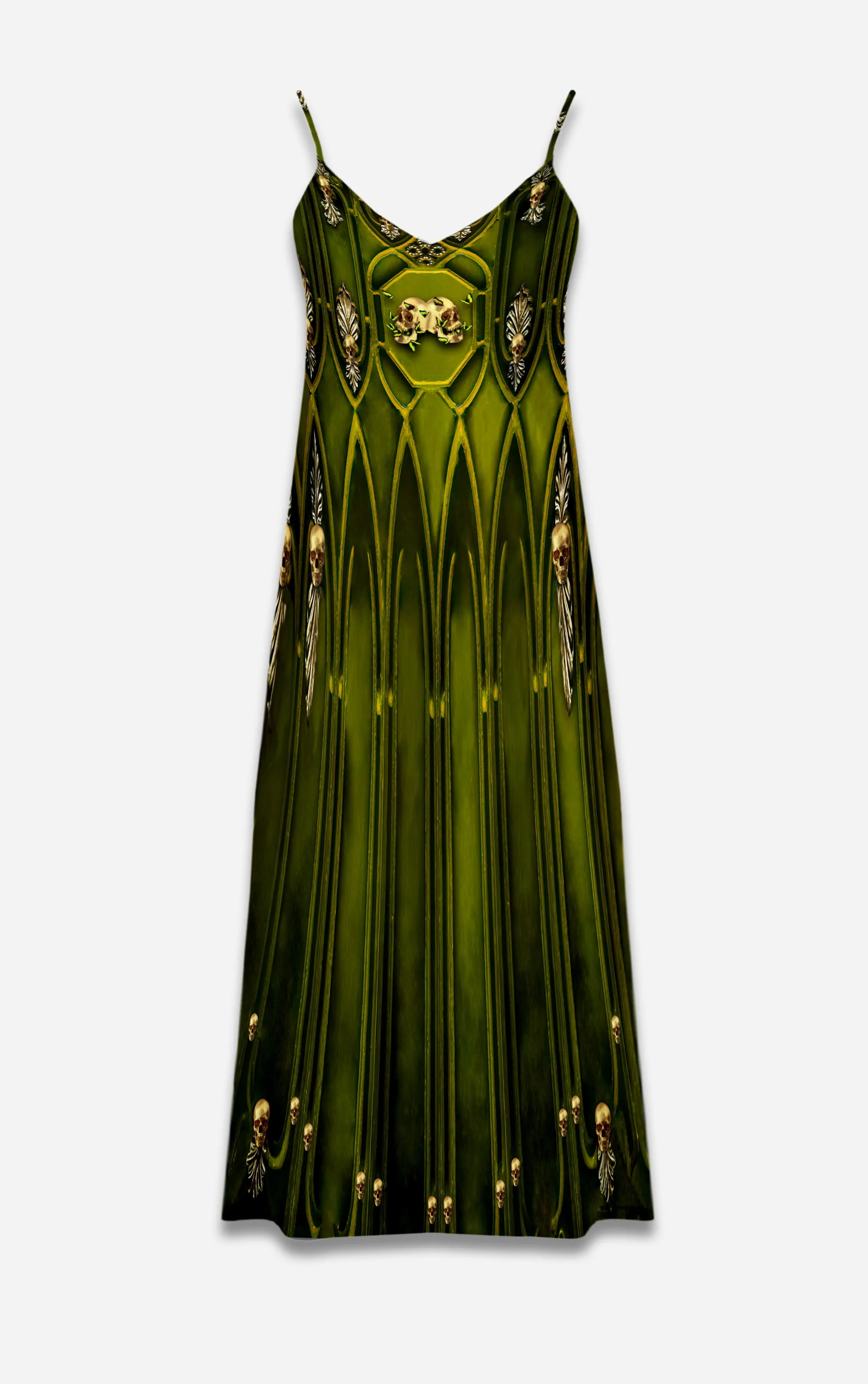 All Saints Cathedral- 100% Silk Satin French Gothic V Neck Slip Dress in Bold Olive | Le Leanian™