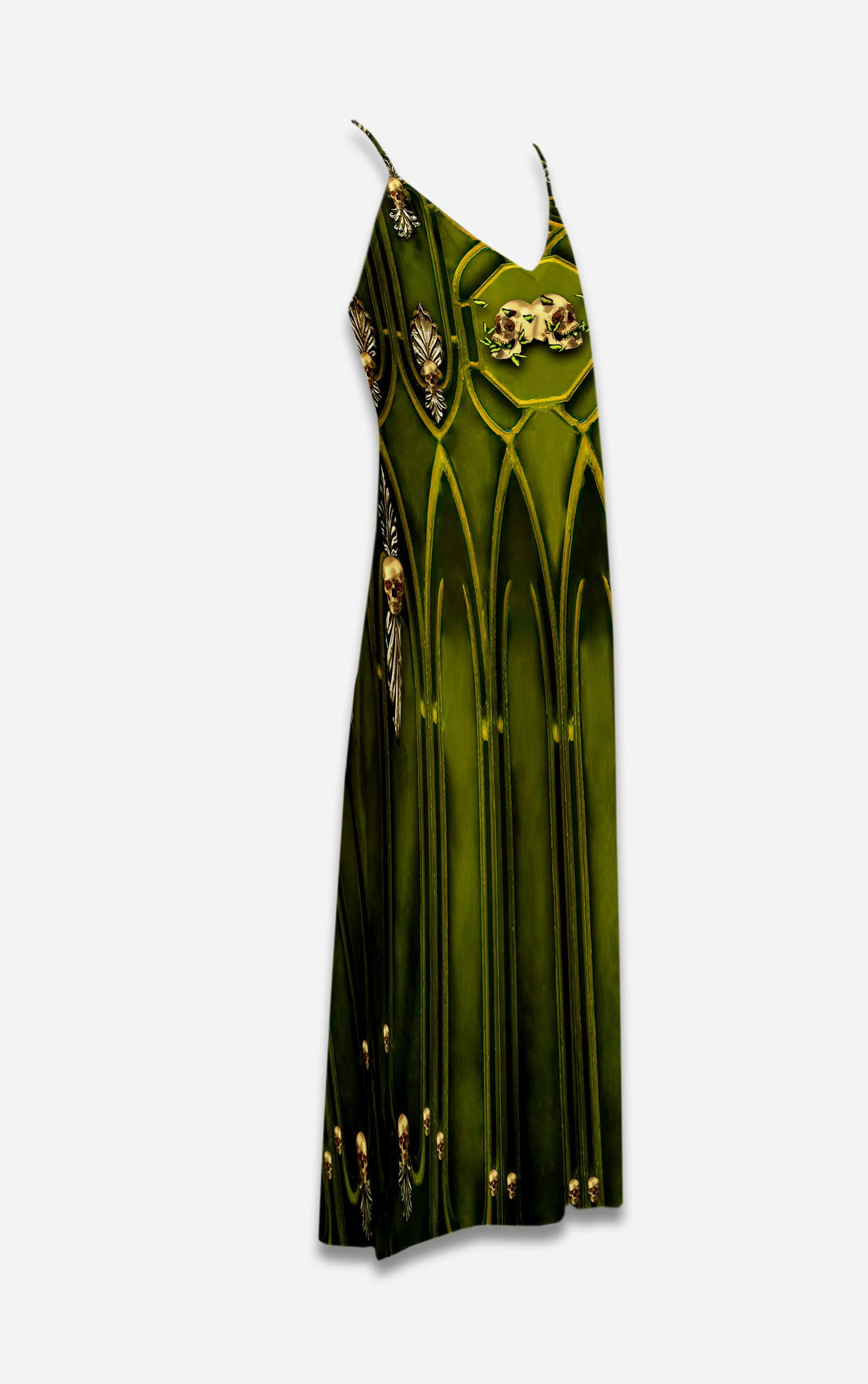All Saints Cathedral- 100% Silk Satin French Gothic V Neck Slip Dress in Bold Olive | Le Leanian™