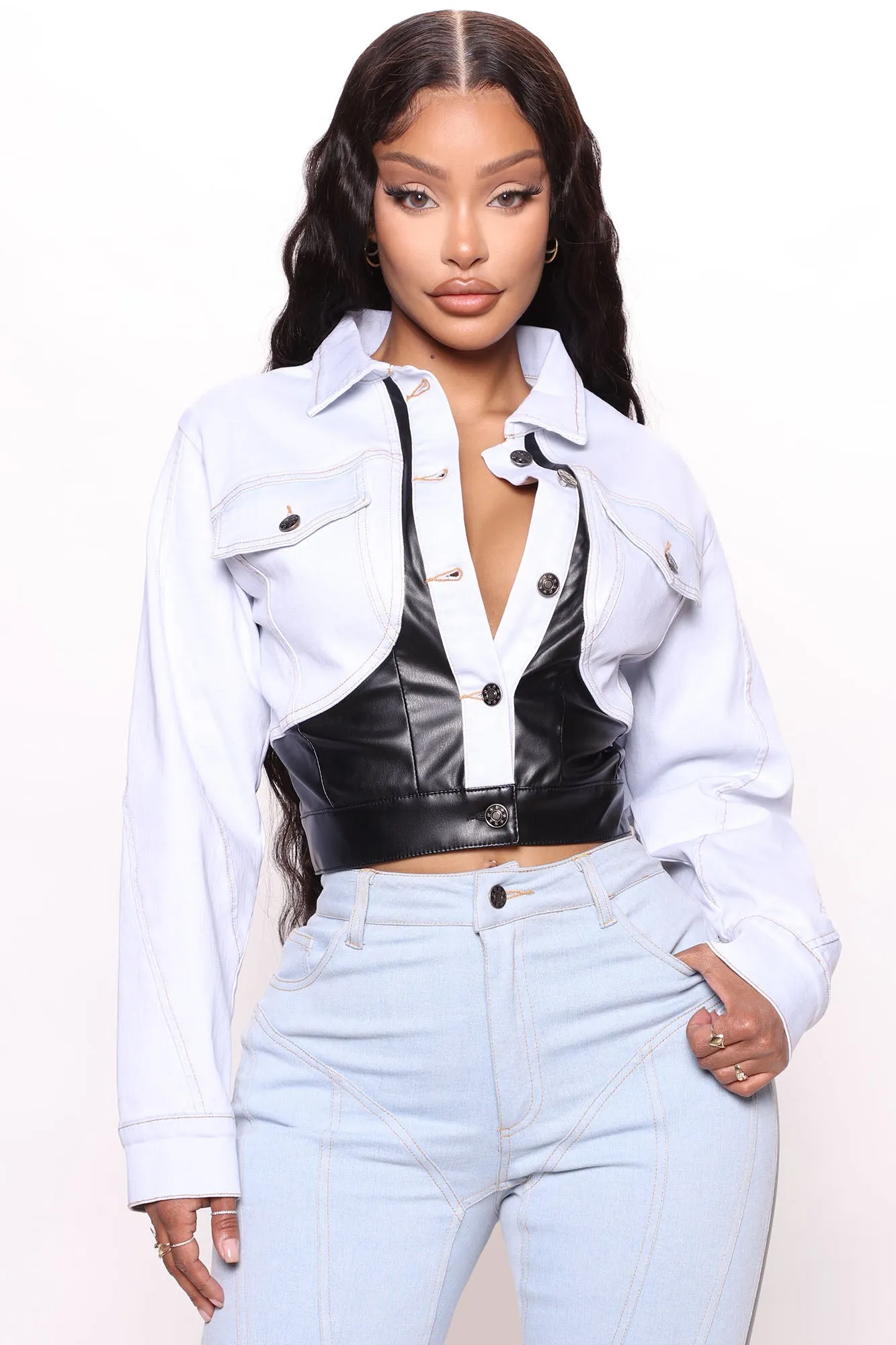 Behind The Scenes Two Tone Denim Jacket - Light Wash