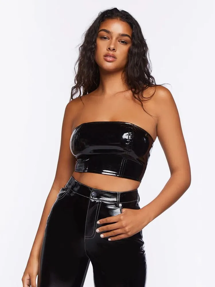 Black Patent Leather Strapless Zip Back Crop Top