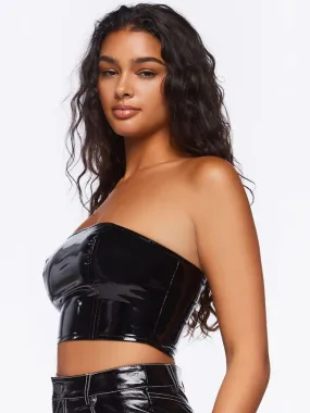 Black Patent Leather Strapless Zip Back Crop Top