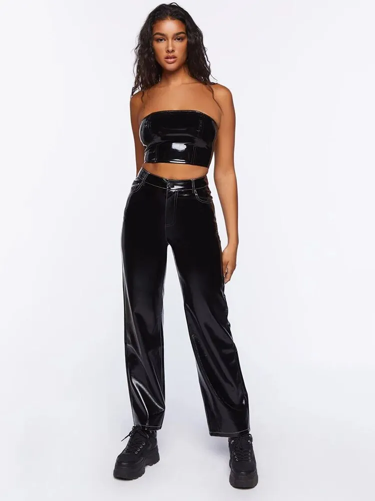 Black Patent Leather Strapless Zip Back Crop Top