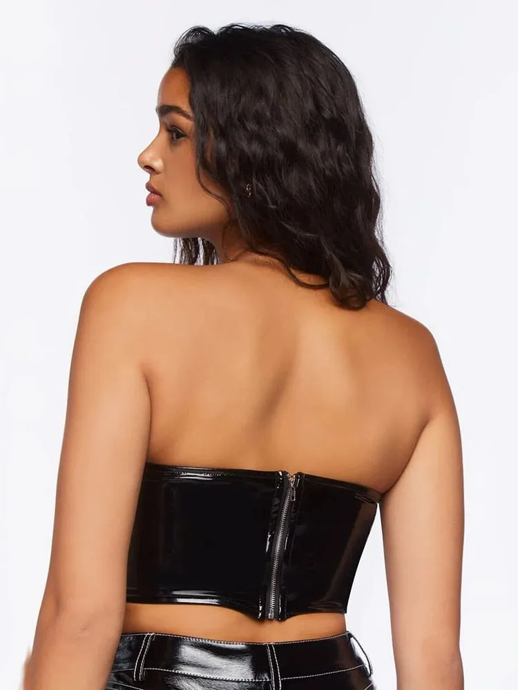 Black Patent Leather Strapless Zip Back Crop Top