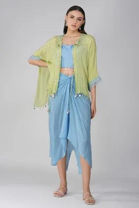 Blue-Green Sky Drape Skirt And Cape Set