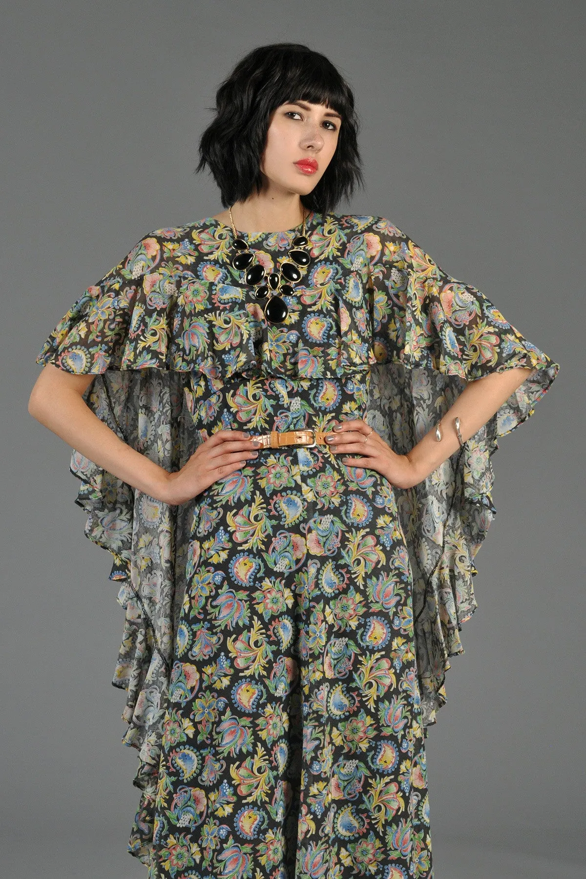 Bohemian Gauze Cape-Backed Maxi Gown