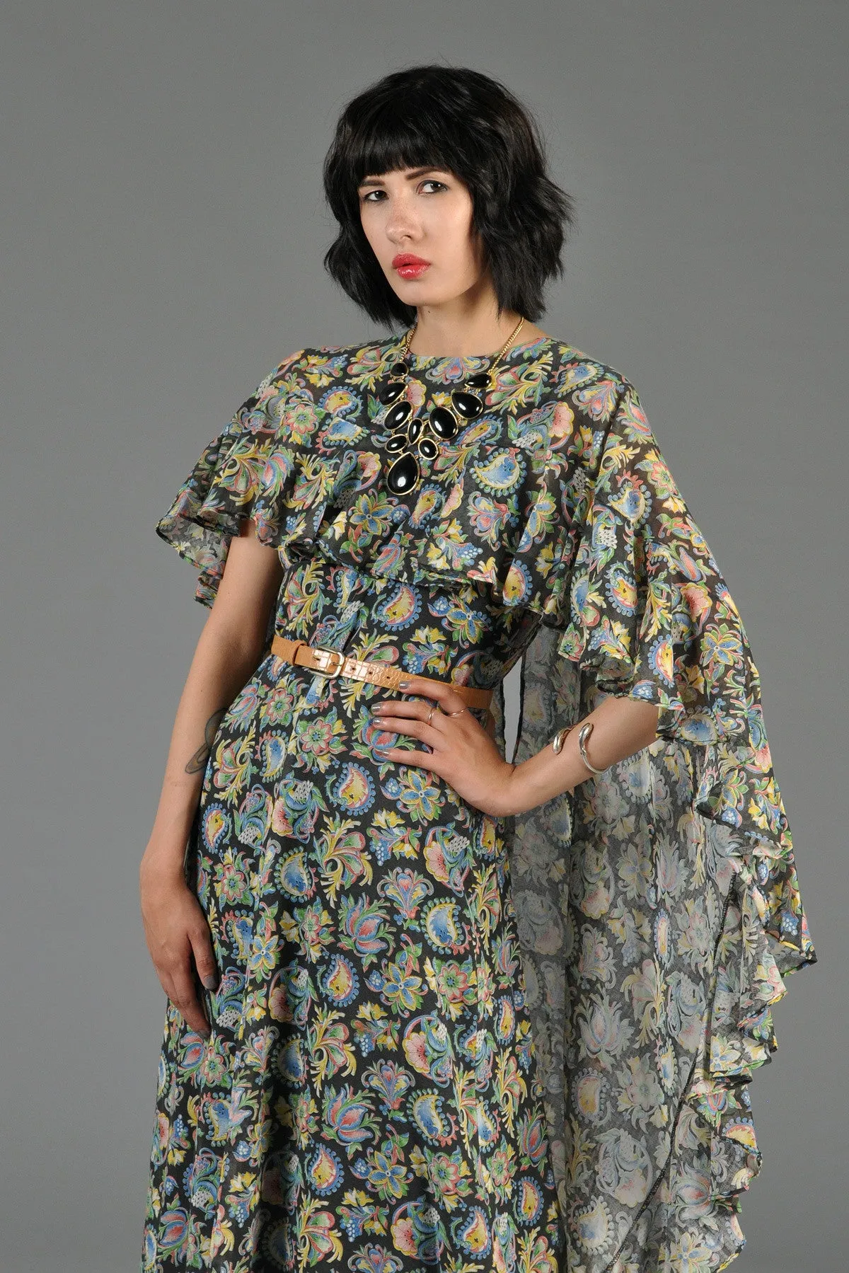 Bohemian Gauze Cape-Backed Maxi Gown