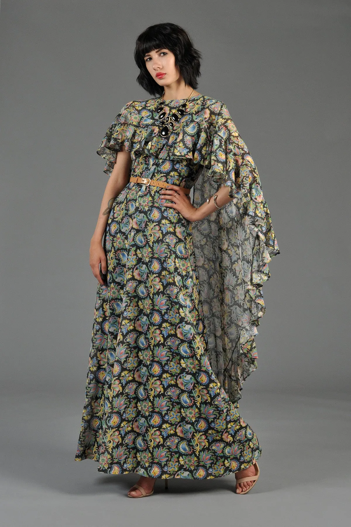 Bohemian Gauze Cape-Backed Maxi Gown