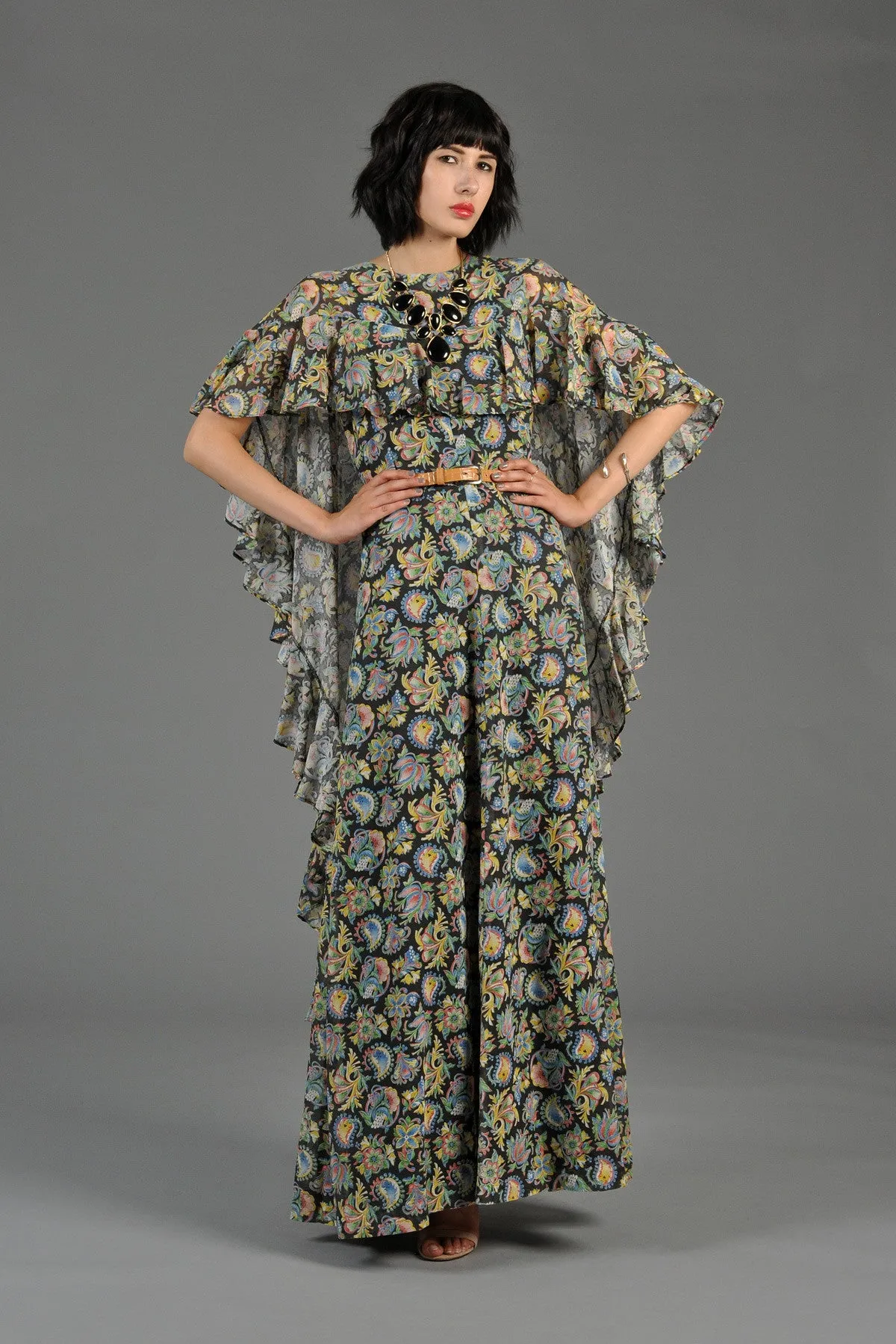 Bohemian Gauze Cape-Backed Maxi Gown