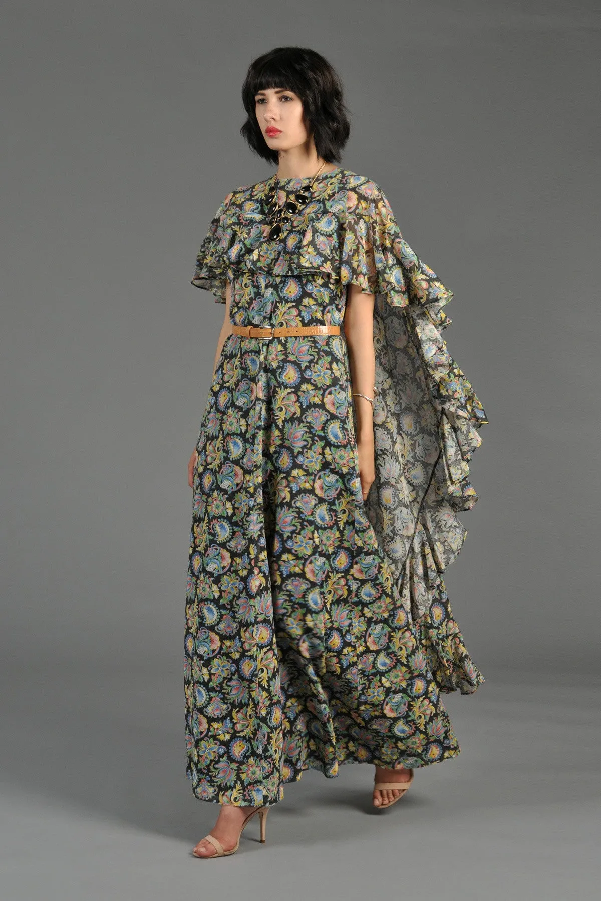 Bohemian Gauze Cape-Backed Maxi Gown