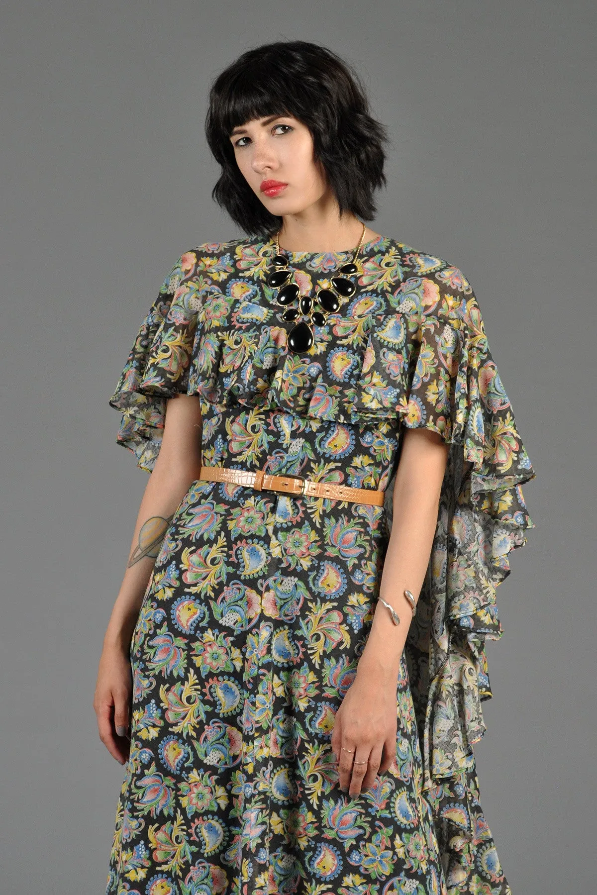 Bohemian Gauze Cape-Backed Maxi Gown