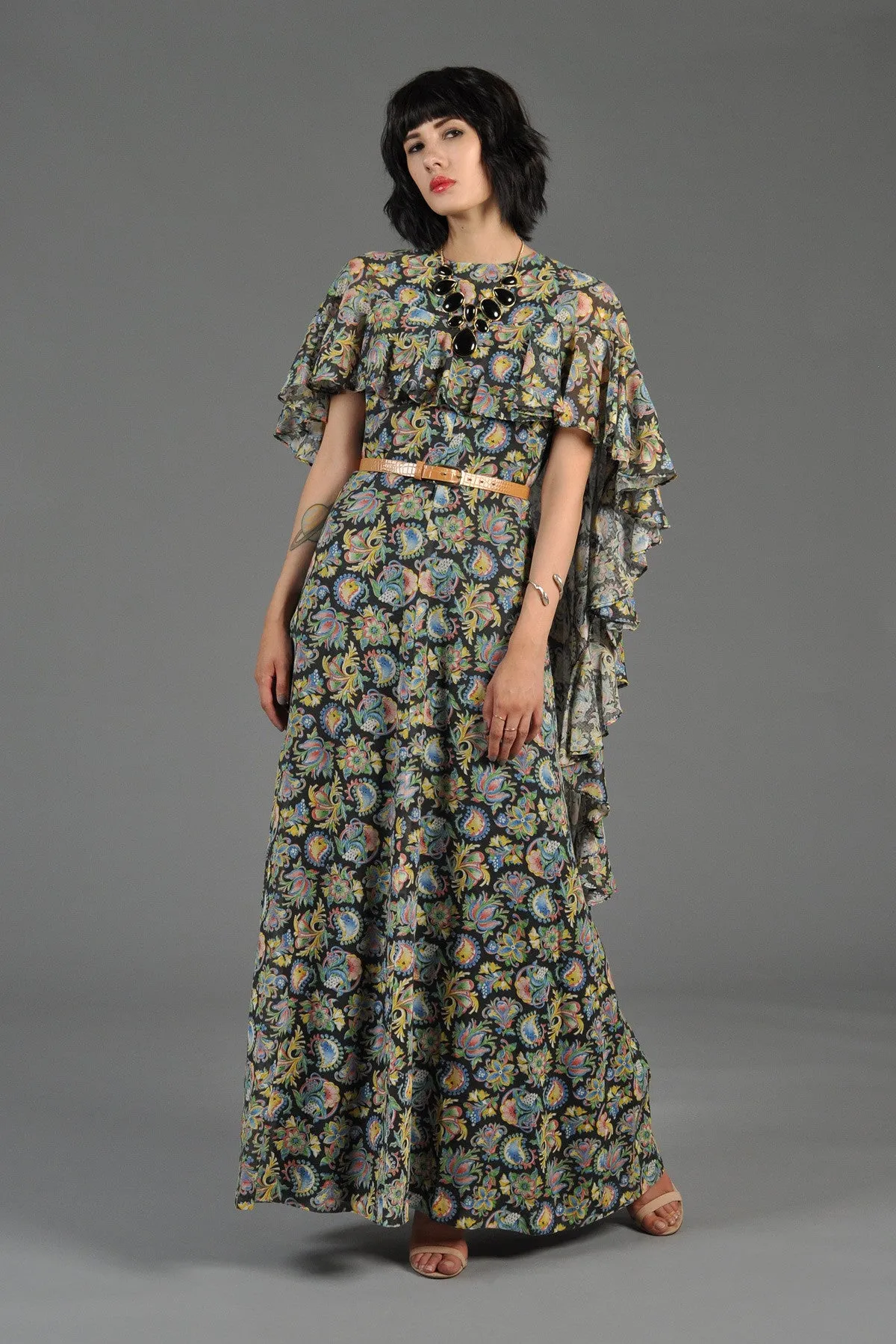 Bohemian Gauze Cape-Backed Maxi Gown