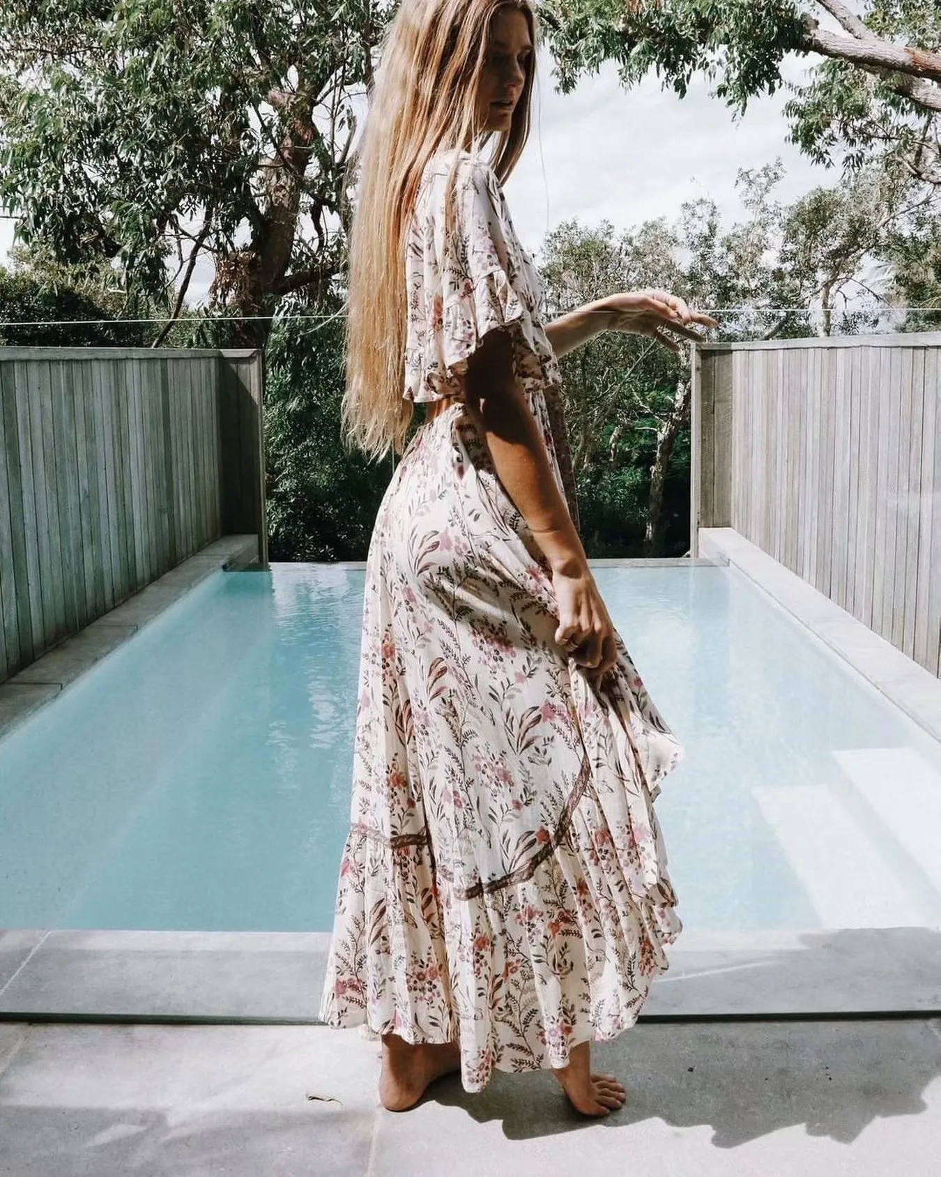 Boho Beige Floral Print High Low Dress