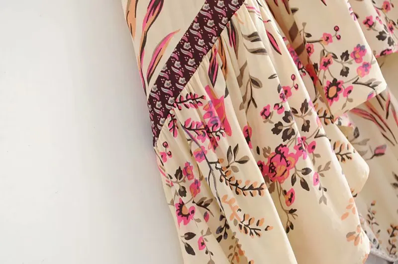 Boho Beige Floral Print High Low Dress