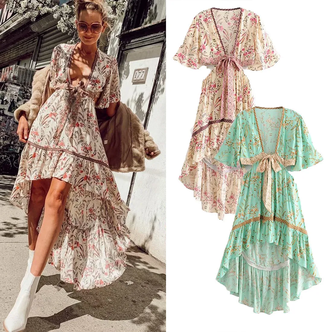 Boho Beige Floral Print High Low Dress