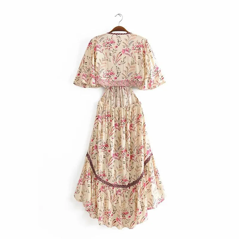 Boho Beige Floral Print High Low Dress