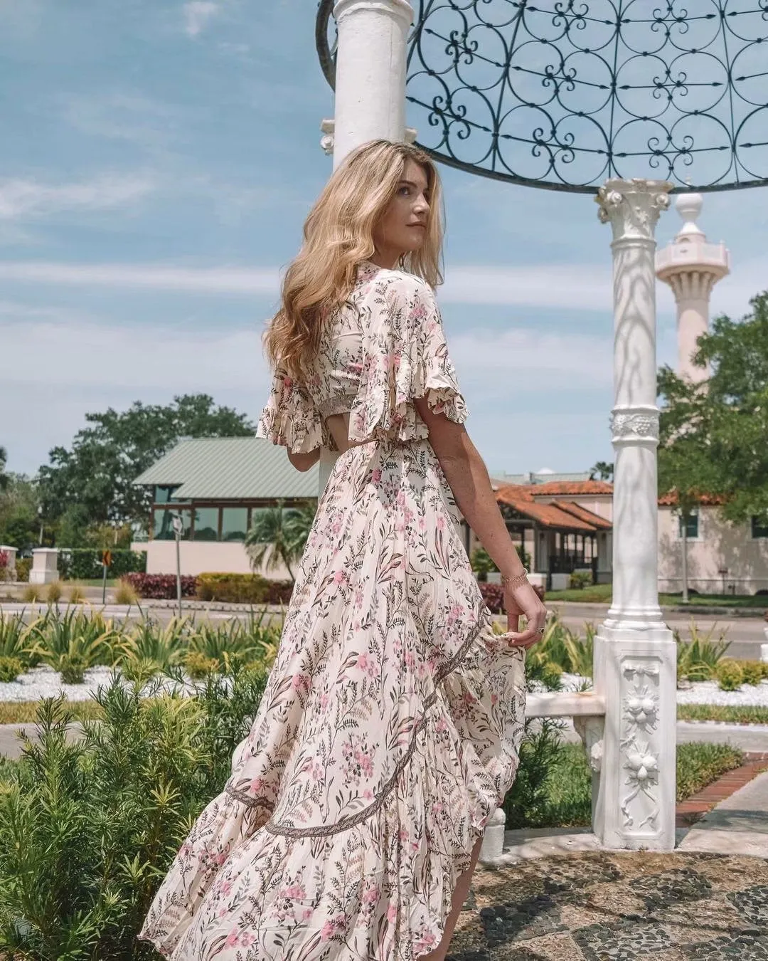 Boho Beige Floral Print High Low Dress