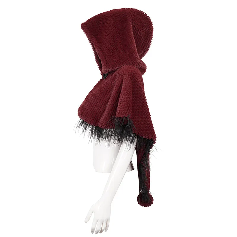 CA02502 red winter gothic women warm grained plush short hooded cape