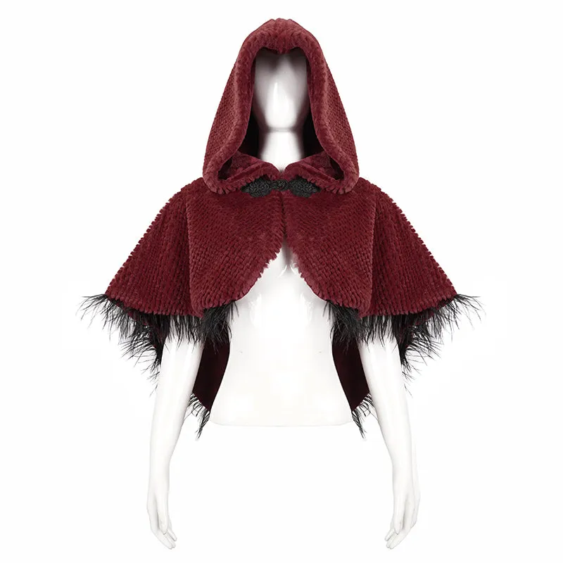 CA02502 red winter gothic women warm grained plush short hooded cape