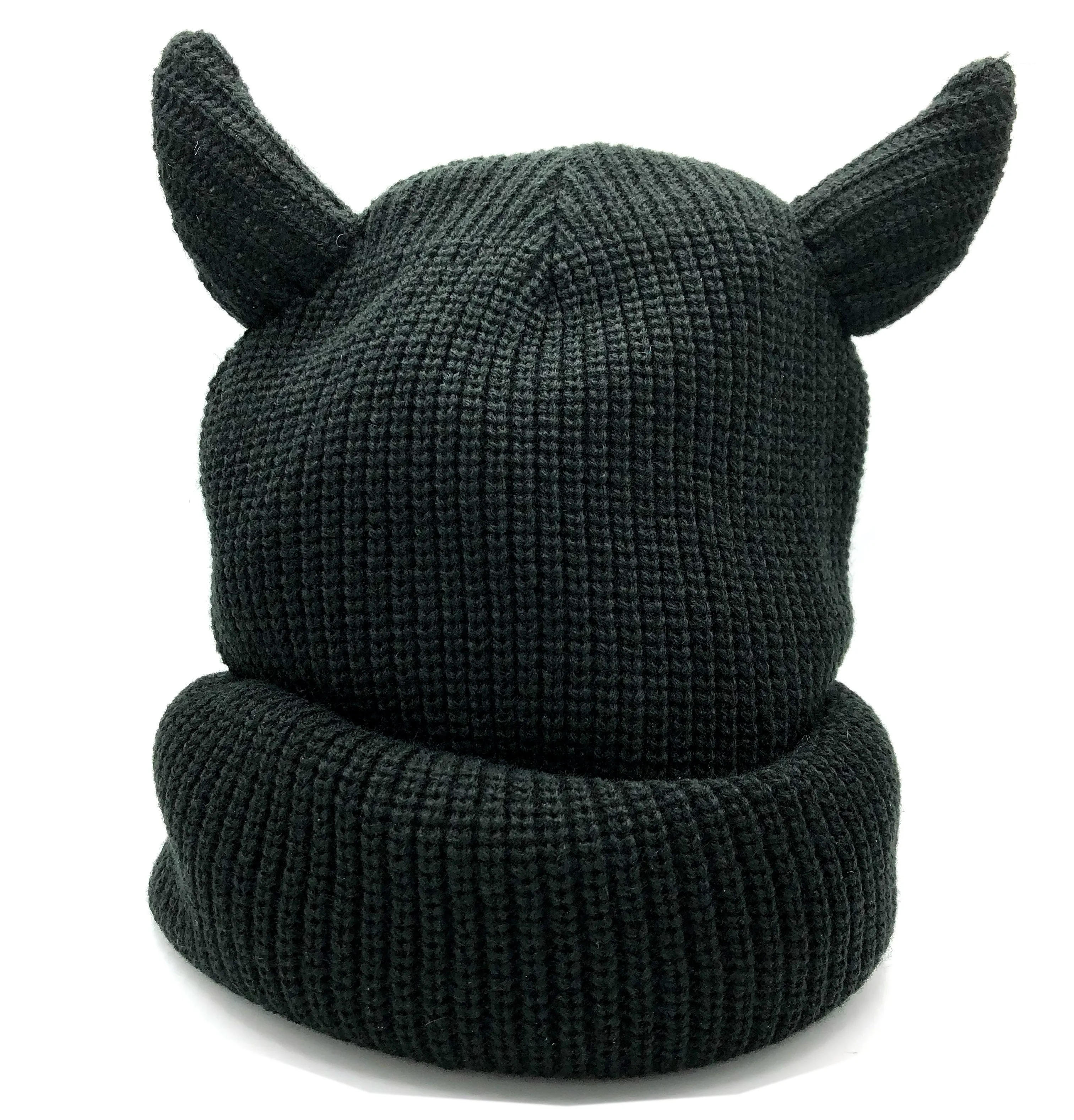 Devil Horns Knit Ski Mask, Black Balaclava w/ Stuffed 3D Horns. Roll up to be a beanie!