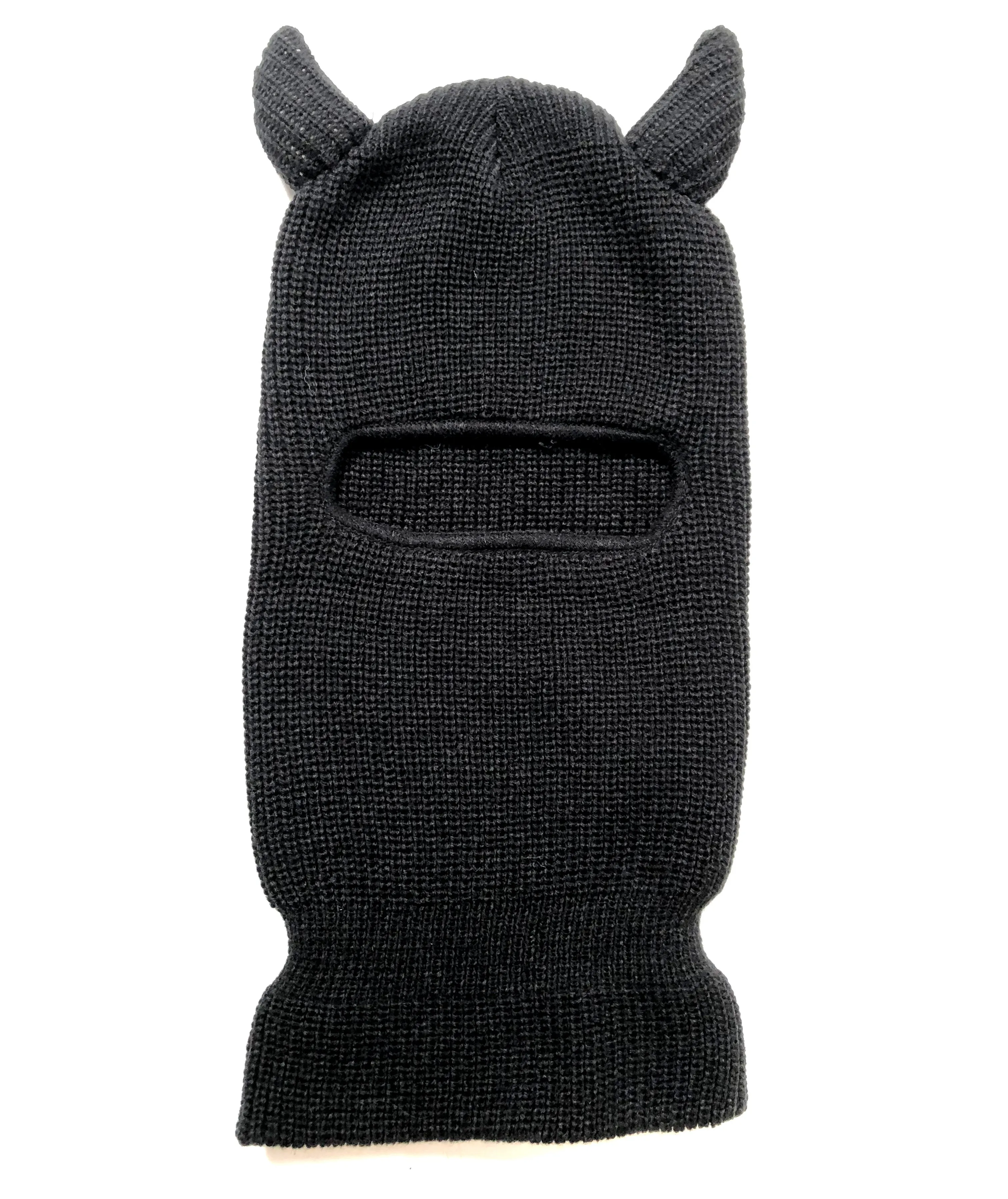 Devil Horns Knit Ski Mask, Black Balaclava w/ Stuffed 3D Horns. Roll up to be a beanie!