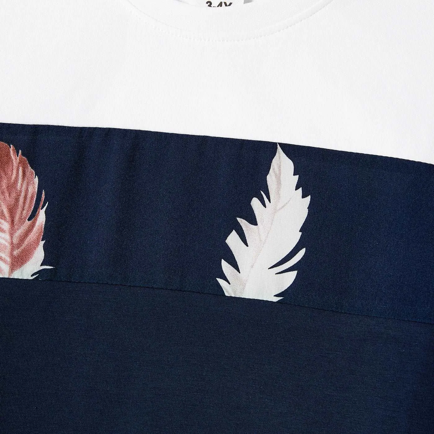 Family Matching Allover Feather Print Belted Cami Dresses and Short-sleeve Spliced Tee Sets