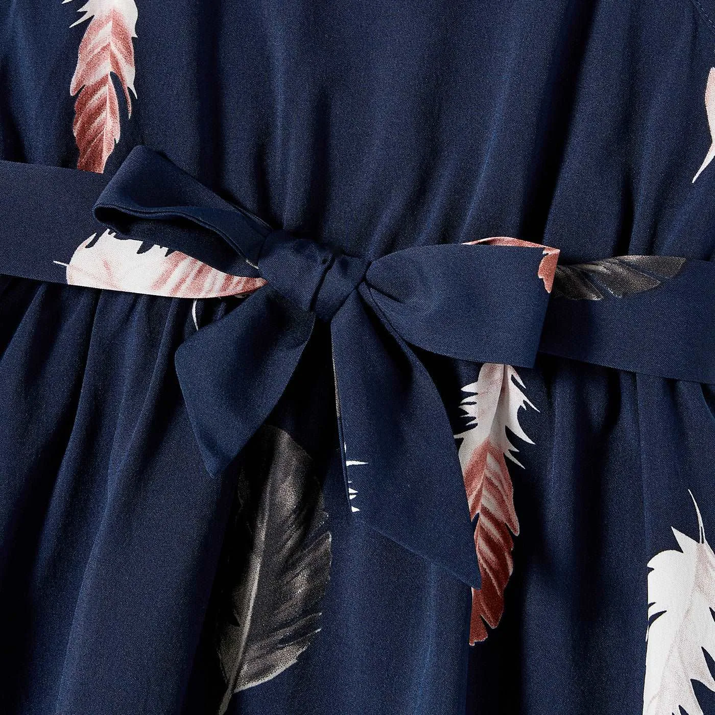 Family Matching Allover Feather Print Belted Cami Dresses and Short-sleeve Spliced Tee Sets
