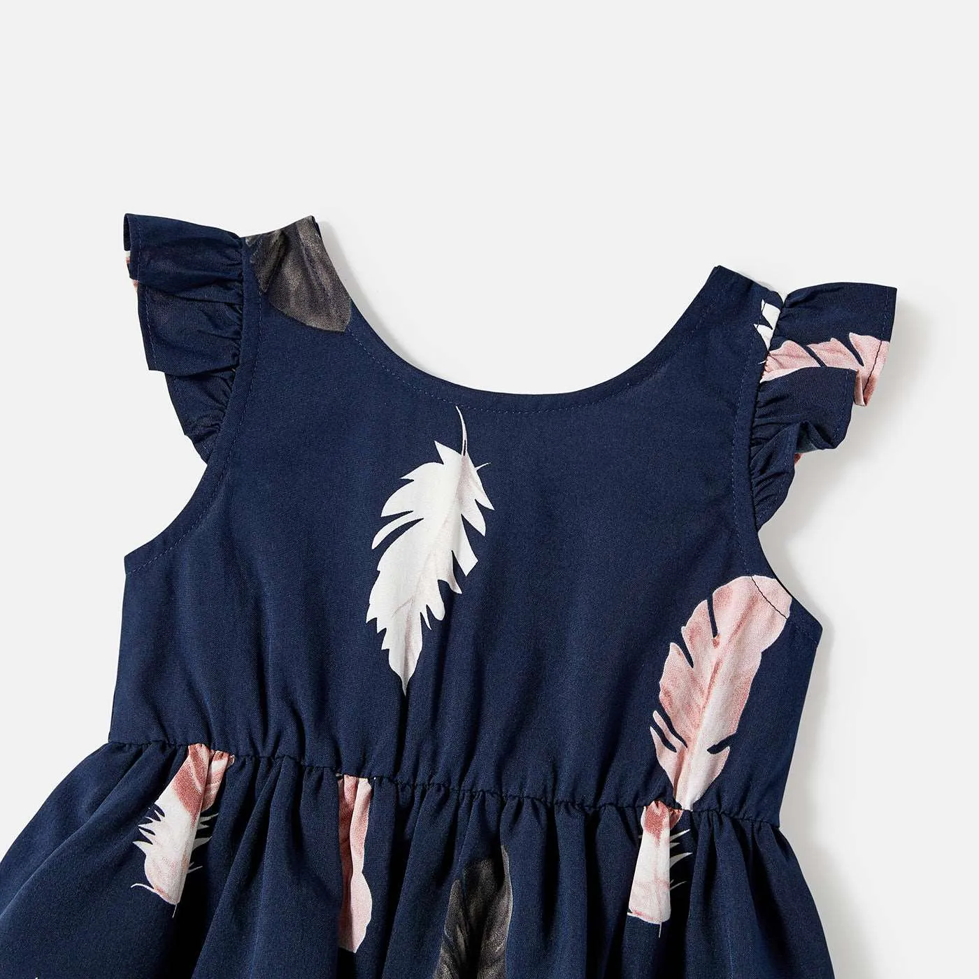 Family Matching Allover Feather Print Belted Cami Dresses and Short-sleeve Spliced Tee Sets
