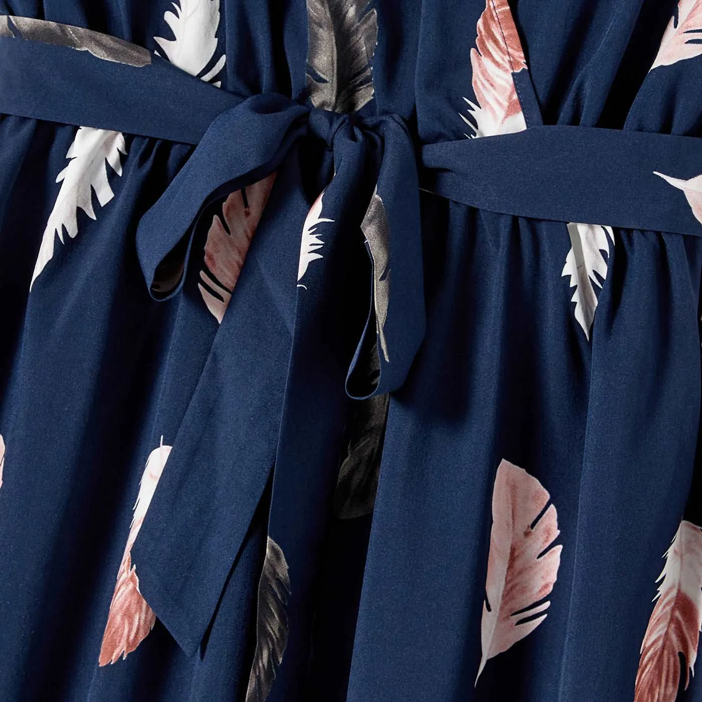 Family Matching Allover Feather Print Belted Cami Dresses and Short-sleeve Spliced Tee Sets