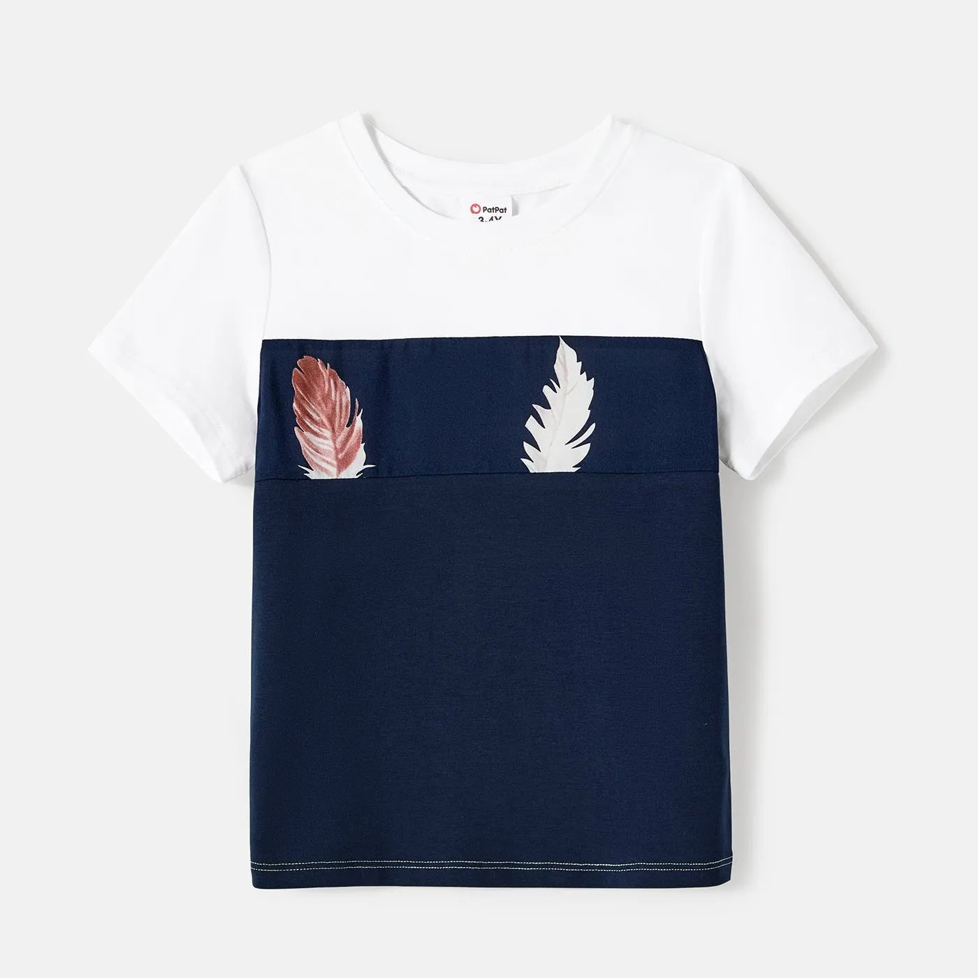 Family Matching Allover Feather Print Belted Cami Dresses and Short-sleeve Spliced Tee Sets
