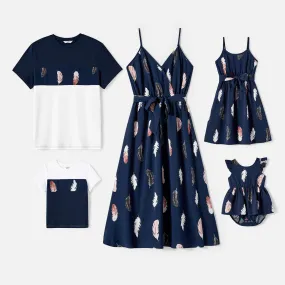 Family Matching Allover Feather Print Belted Cami Dresses and Short-sleeve Spliced Tee Sets