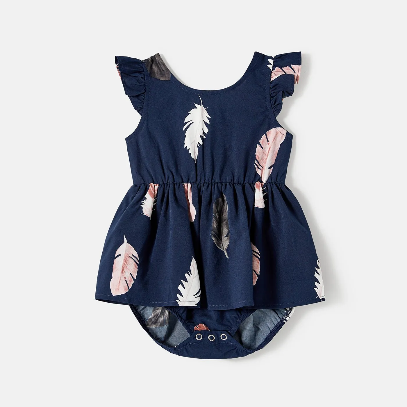 Family Matching Allover Feather Print Belted Cami Dresses and Short-sleeve Spliced Tee Sets
