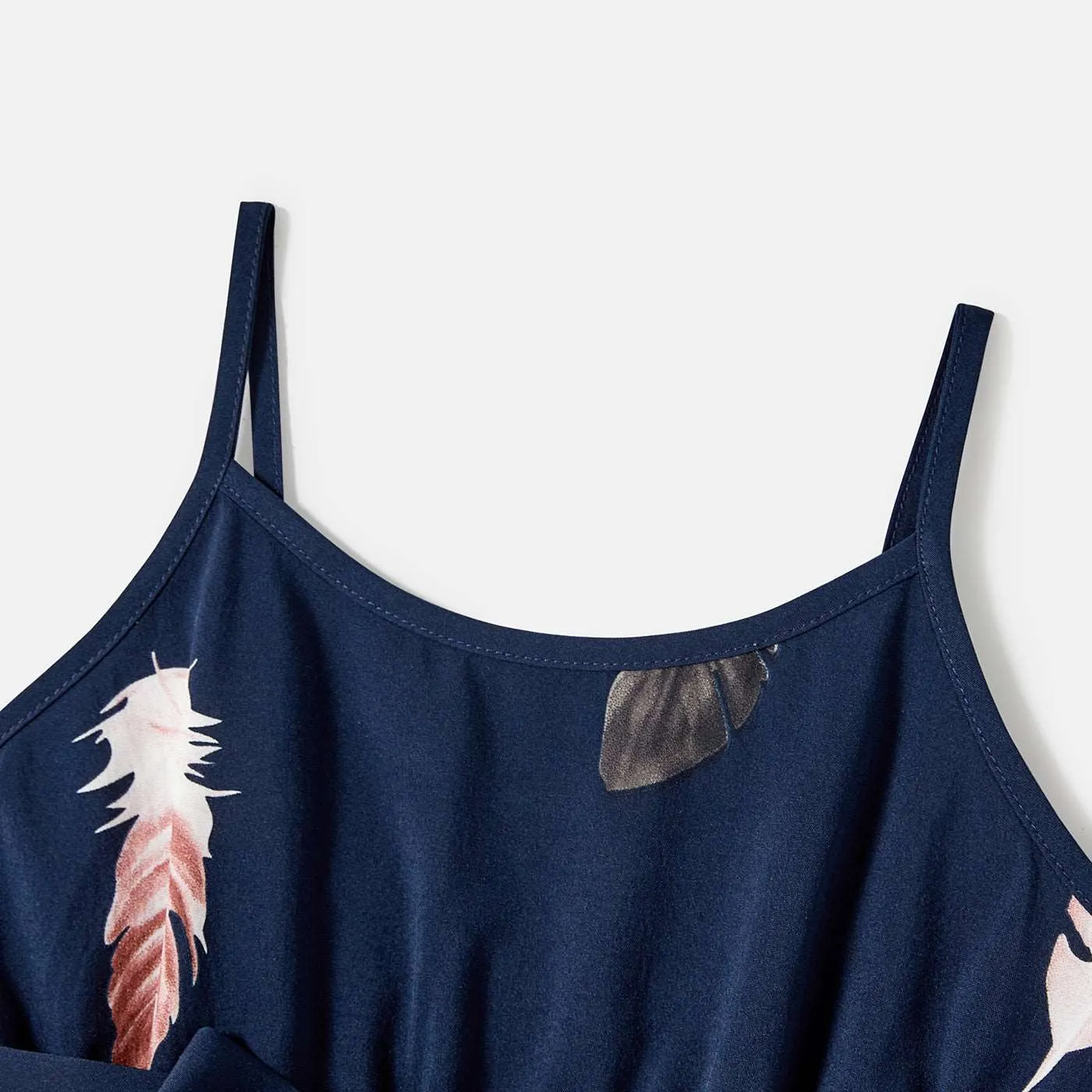 Family Matching Allover Feather Print Belted Cami Dresses and Short-sleeve Spliced Tee Sets