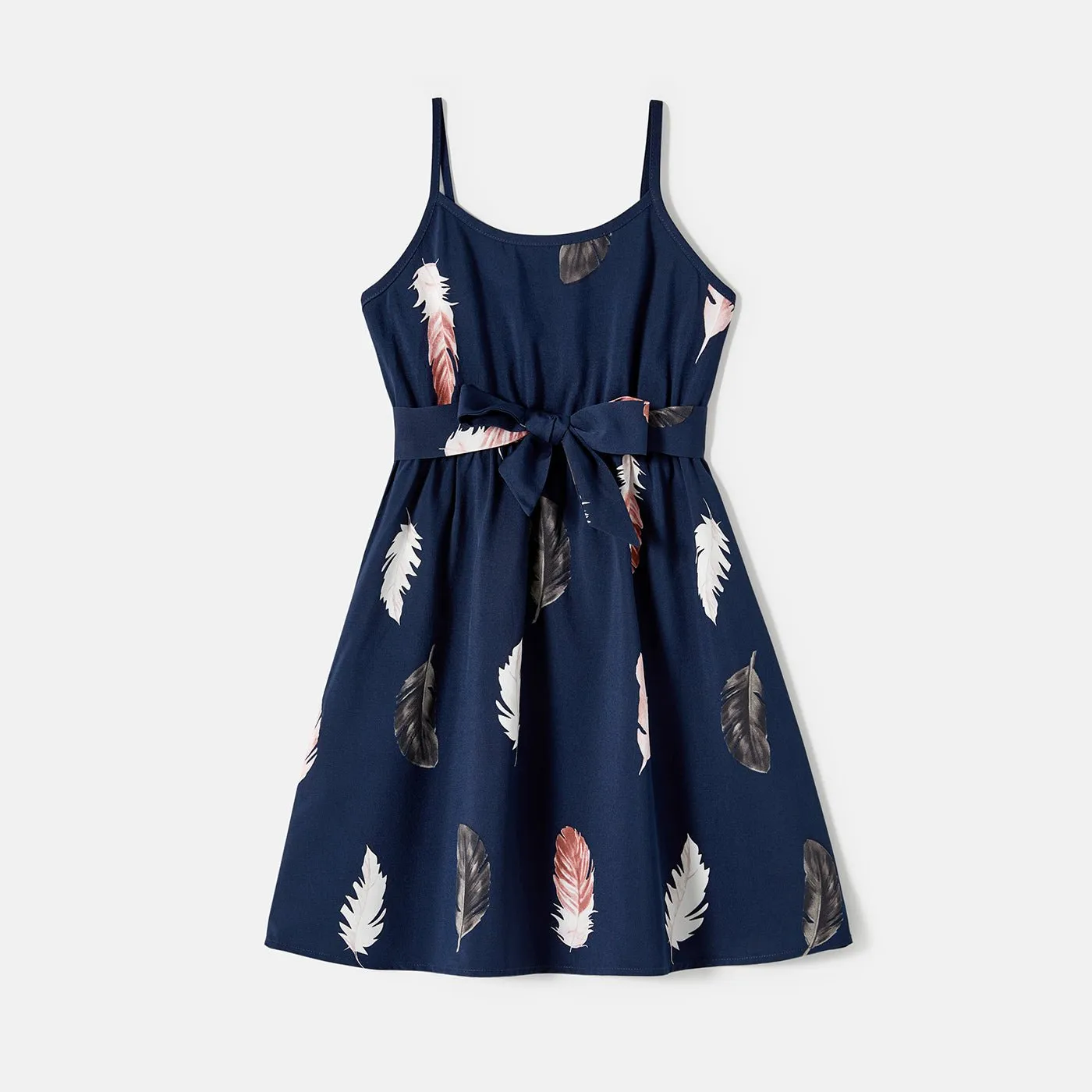 Family Matching Allover Feather Print Belted Cami Dresses and Short-sleeve Spliced Tee Sets