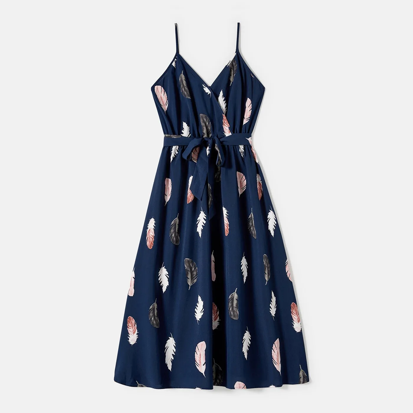 Family Matching Allover Feather Print Belted Cami Dresses and Short-sleeve Spliced Tee Sets