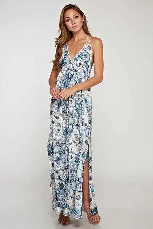 Floral Print Plunge Halter Neck Maxi Dress