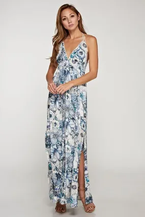 Floral Print Plunge Halter Neck Maxi Dress