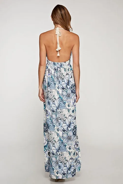 Floral Print Plunge Halter Neck Maxi Dress