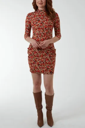 Floral Rust High Neck Bodycon Mini Dress