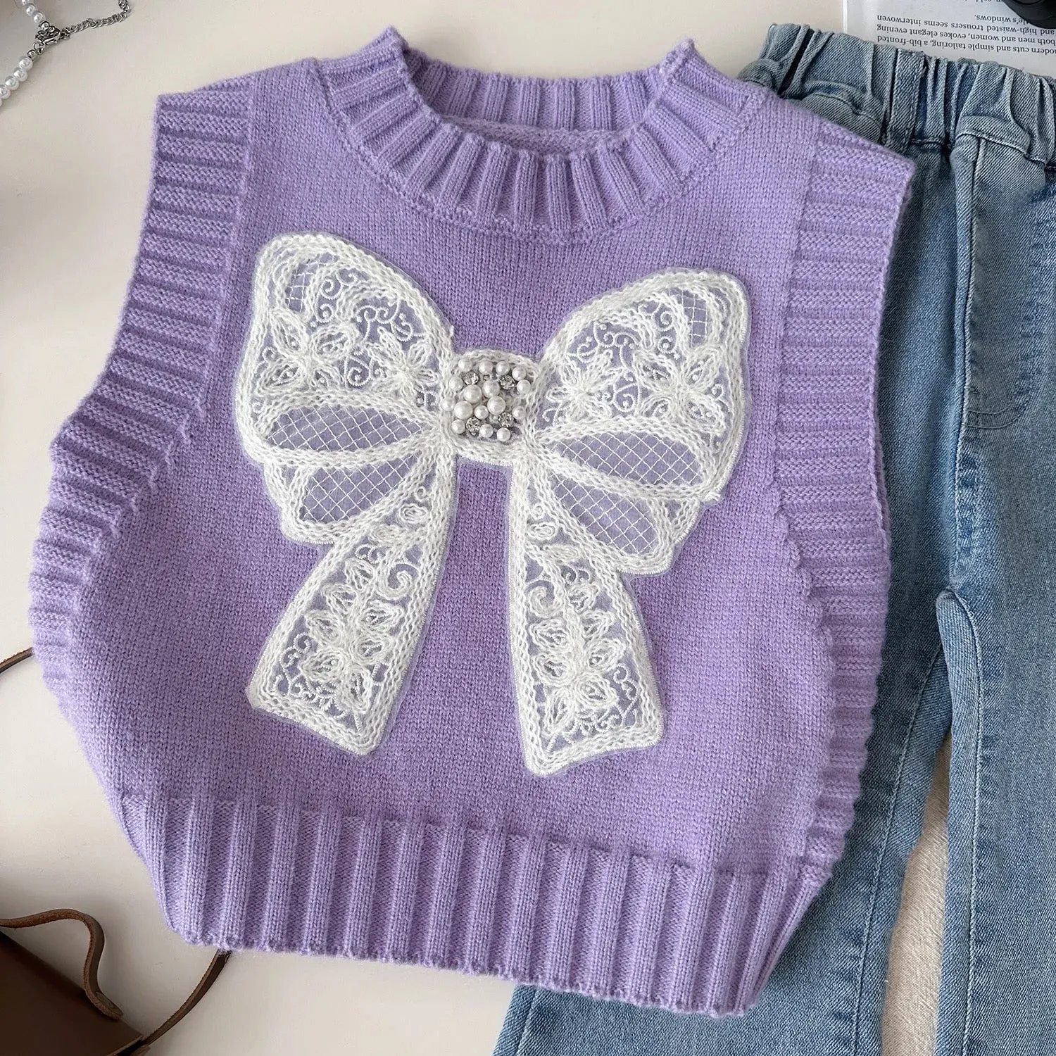 Girls Purple Bow Sweater With Shirt And Jeans 3 pcs Set