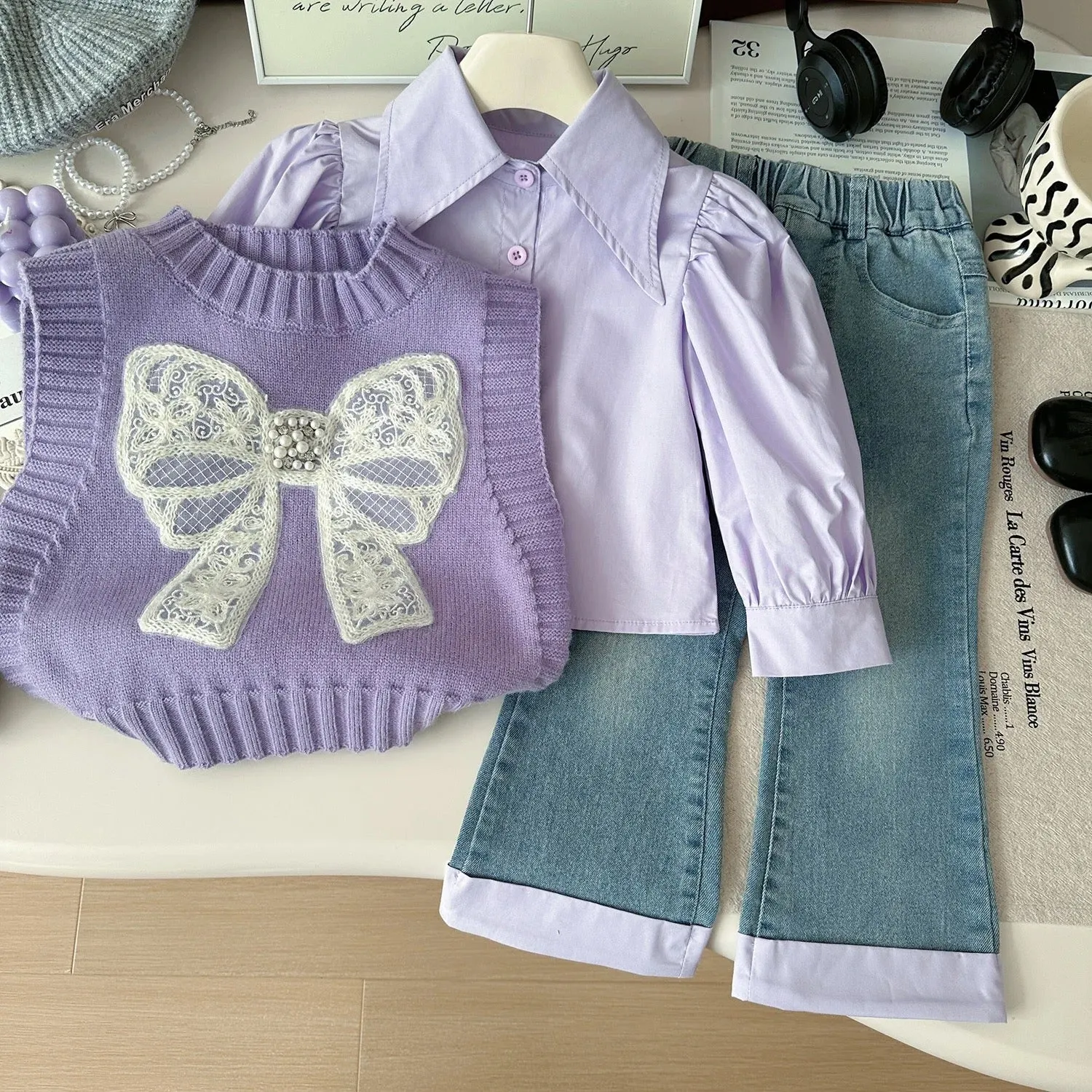 Girls Purple Bow Sweater With Shirt And Jeans 3 pcs Set