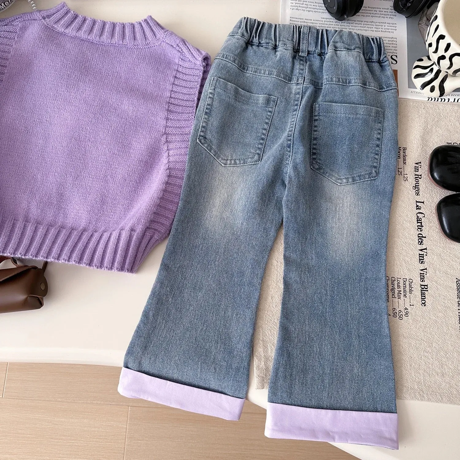Girls Purple Bow Sweater With Shirt And Jeans 3 pcs Set