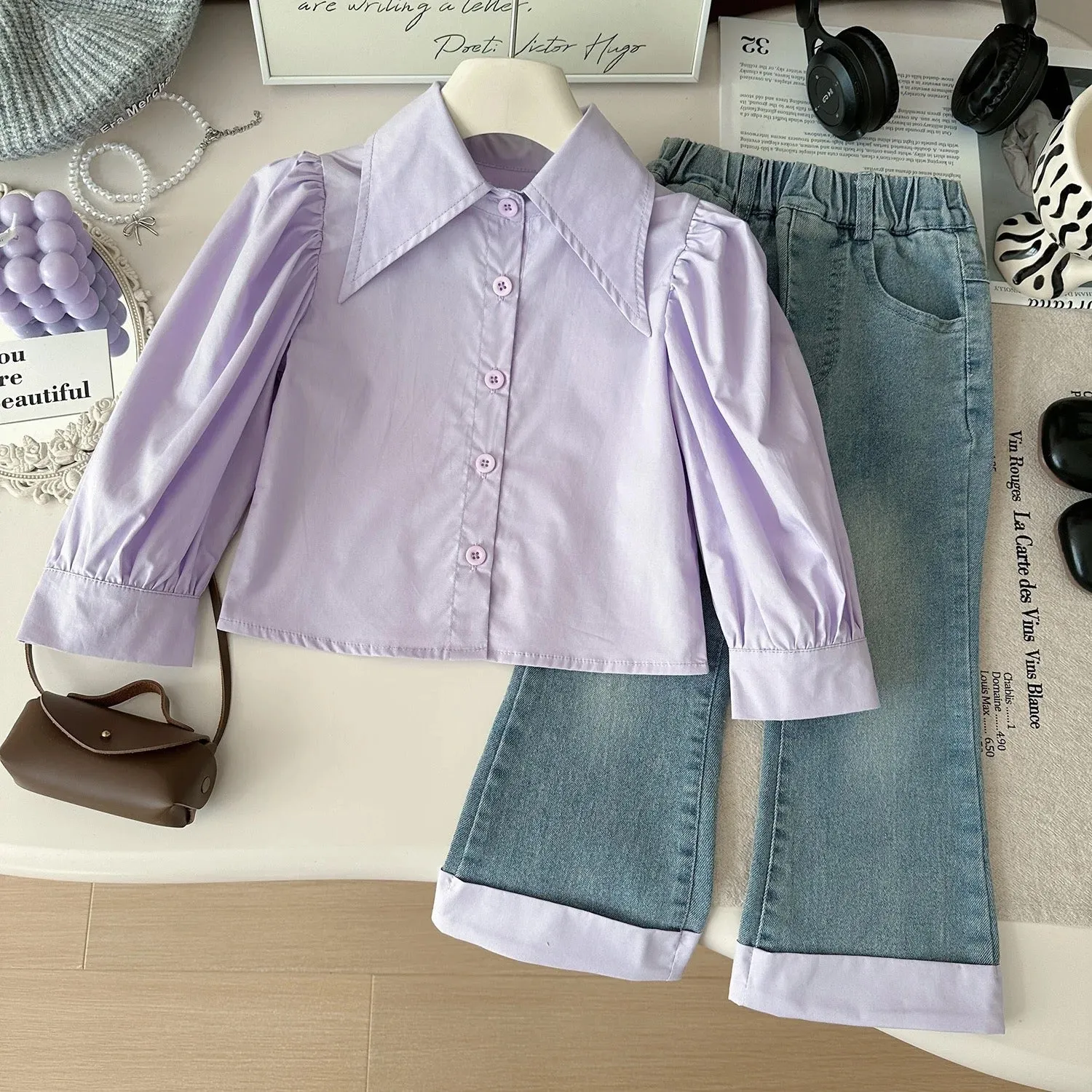 Girls Purple Bow Sweater With Shirt And Jeans 3 pcs Set