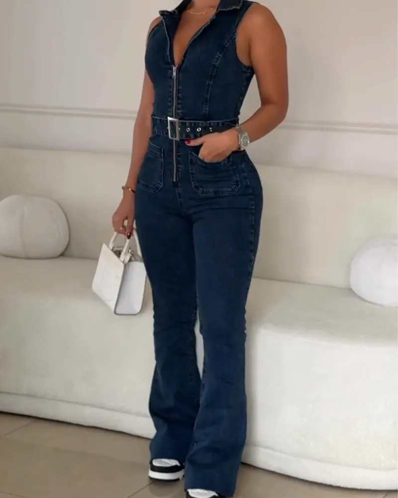 High-Waisted Slim-Fit Denim Jumpsuit (Pre-Sale)