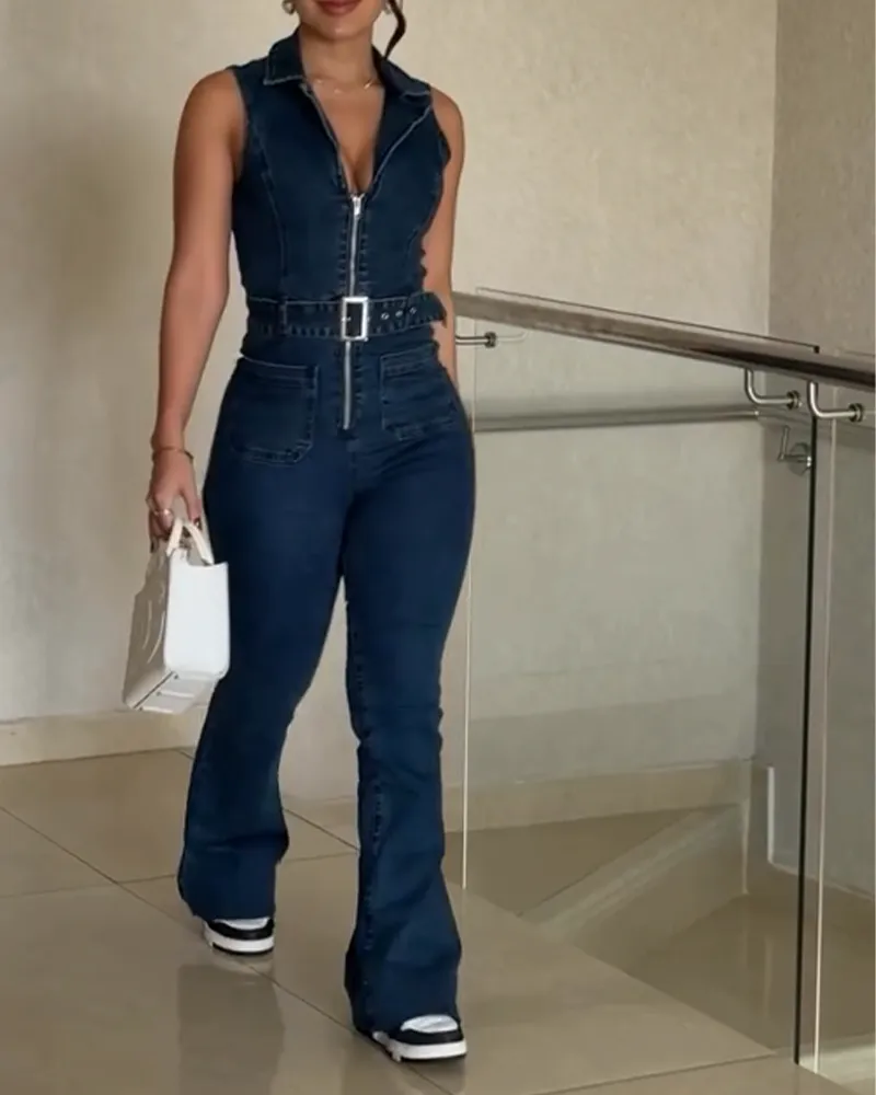 High-Waisted Slim-Fit Denim Jumpsuit (Pre-Sale)